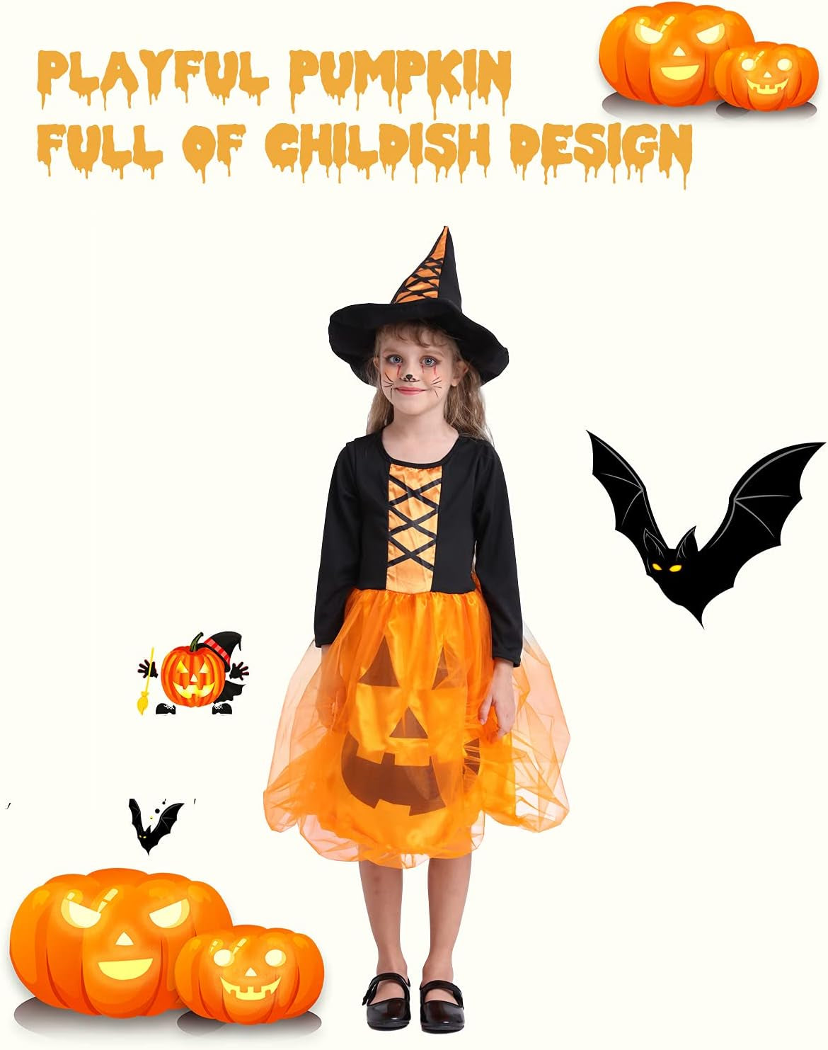 Pumpkin Costume with Witch Hat for Girls, Orange Pumpkin Dress with Long Sleeve for Cosplay, Costume,Birthday, Christmas Day Party (Large)