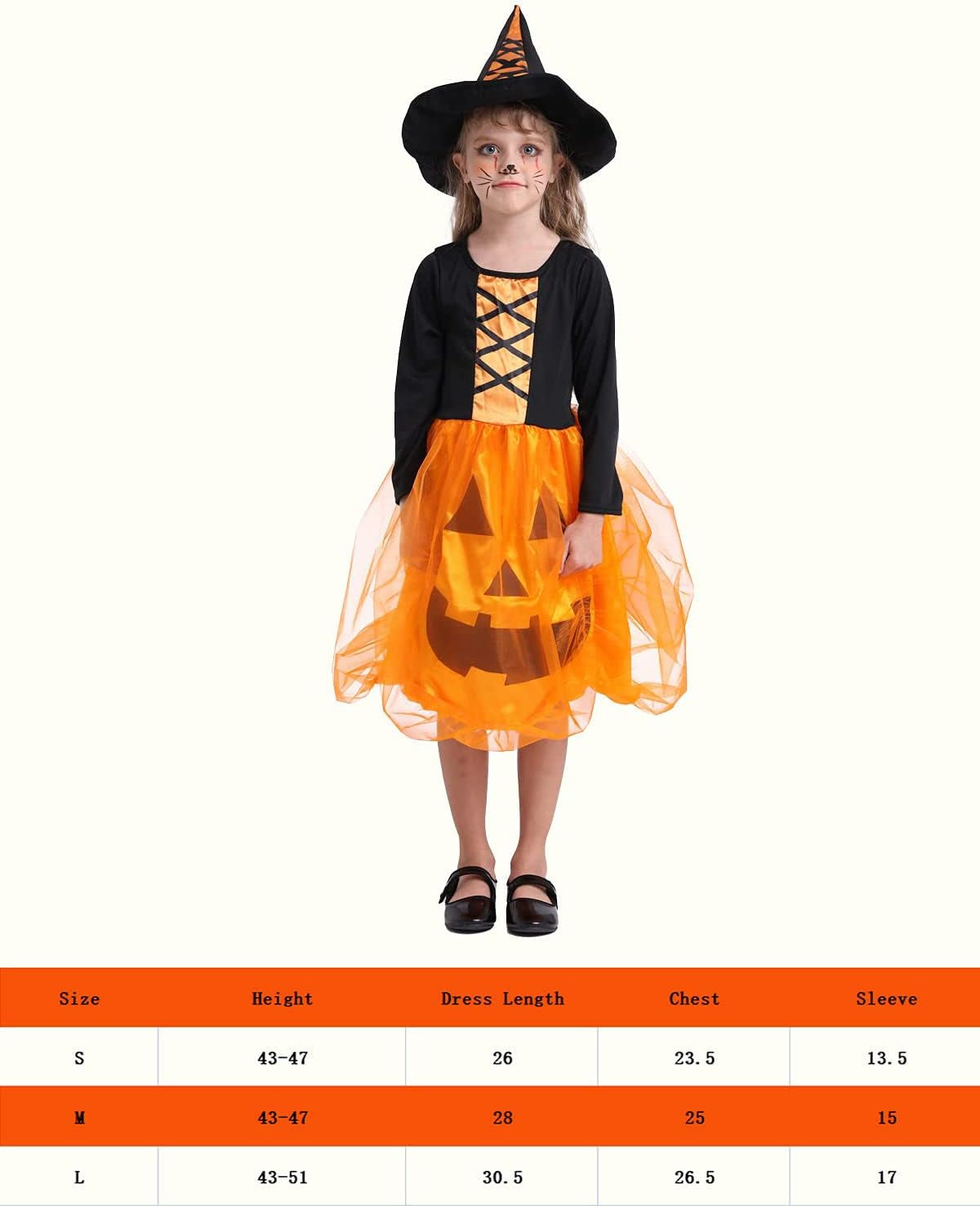 Pumpkin Costume with Witch Hat for Girls, Orange Pumpkin Dress with Long Sleeve for Cosplay, Costume,Birthday, Christmas Day Party (Large)