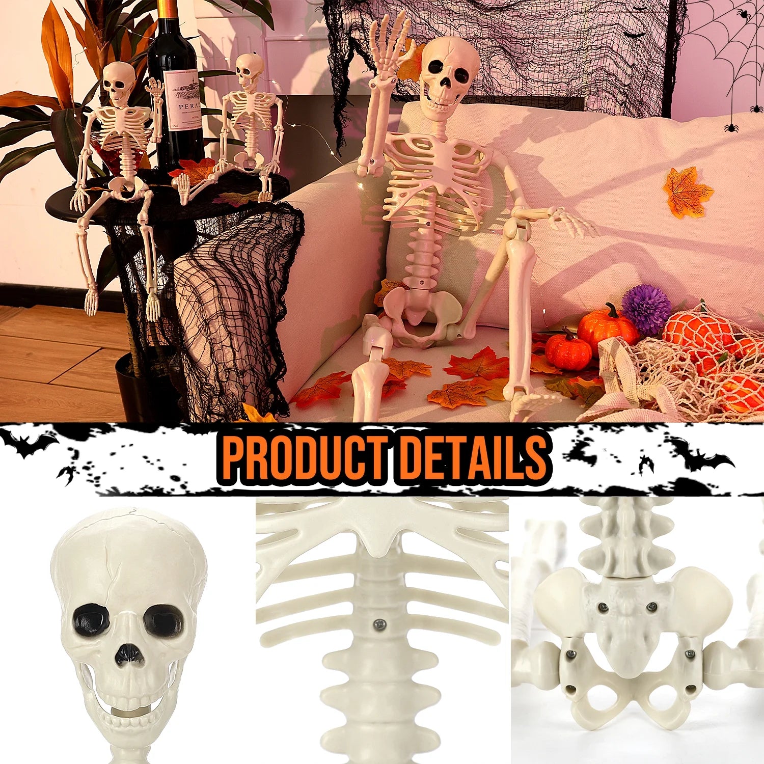 3Pcs Halloween Skeleton Decorations, Posable Skeletons Halloween Decorations Indoor Outdoor
