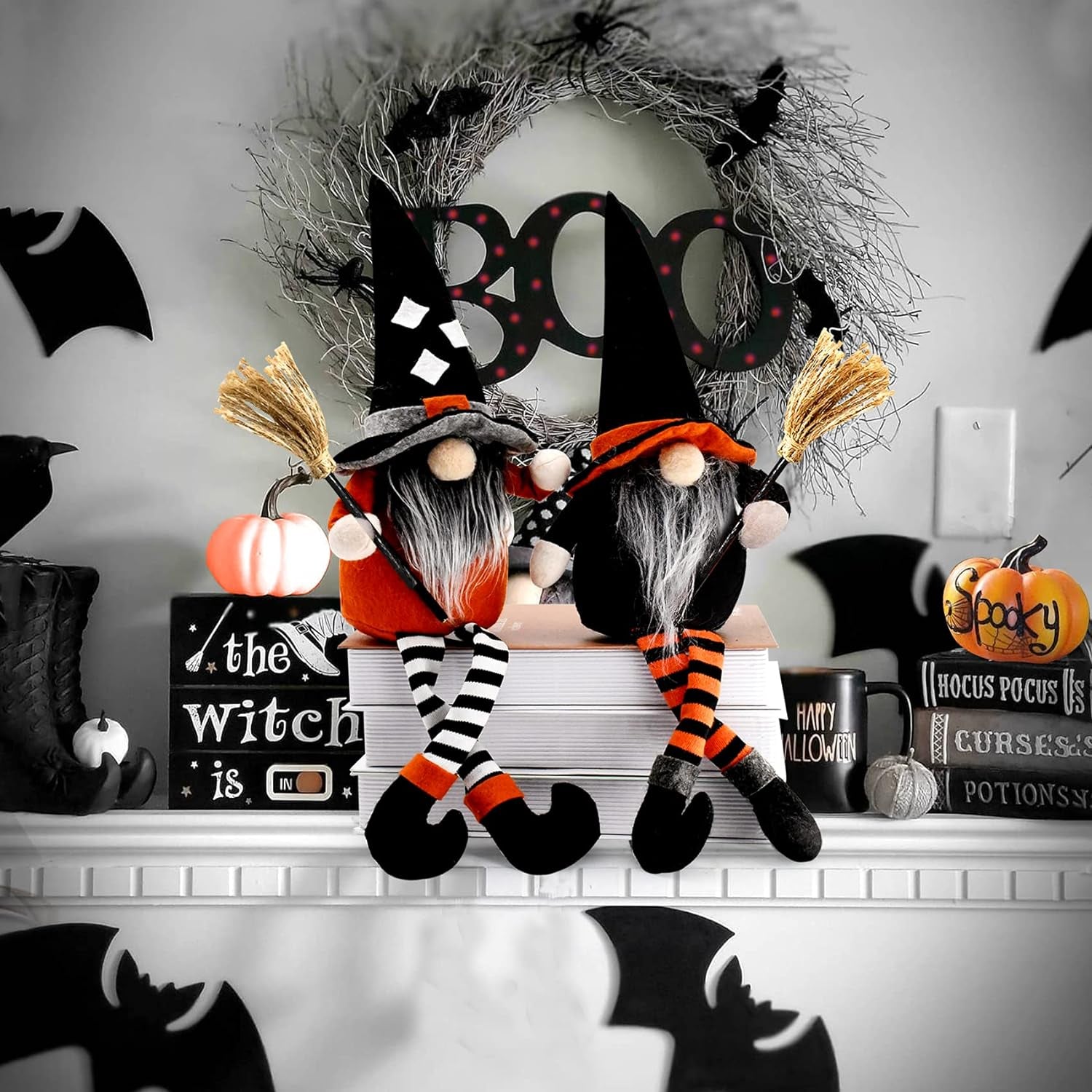 2PC Halloween Witch Gnomes Plush with Broom,Faceless Gnome Plush Long Legs Halloween Ornaments for Halloween Holiday Party Decor,Halloween Gnome Gifts