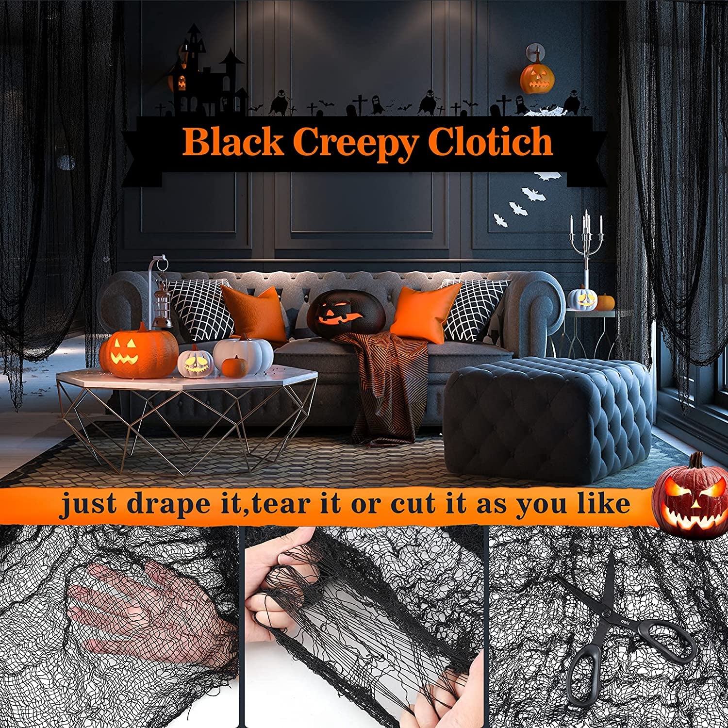 Halloween Creepy Cloth Black 80×160Inch - Halloween Decorations Clearance - Creepy Spooky Halloween Decorations Outdoor Indoor…