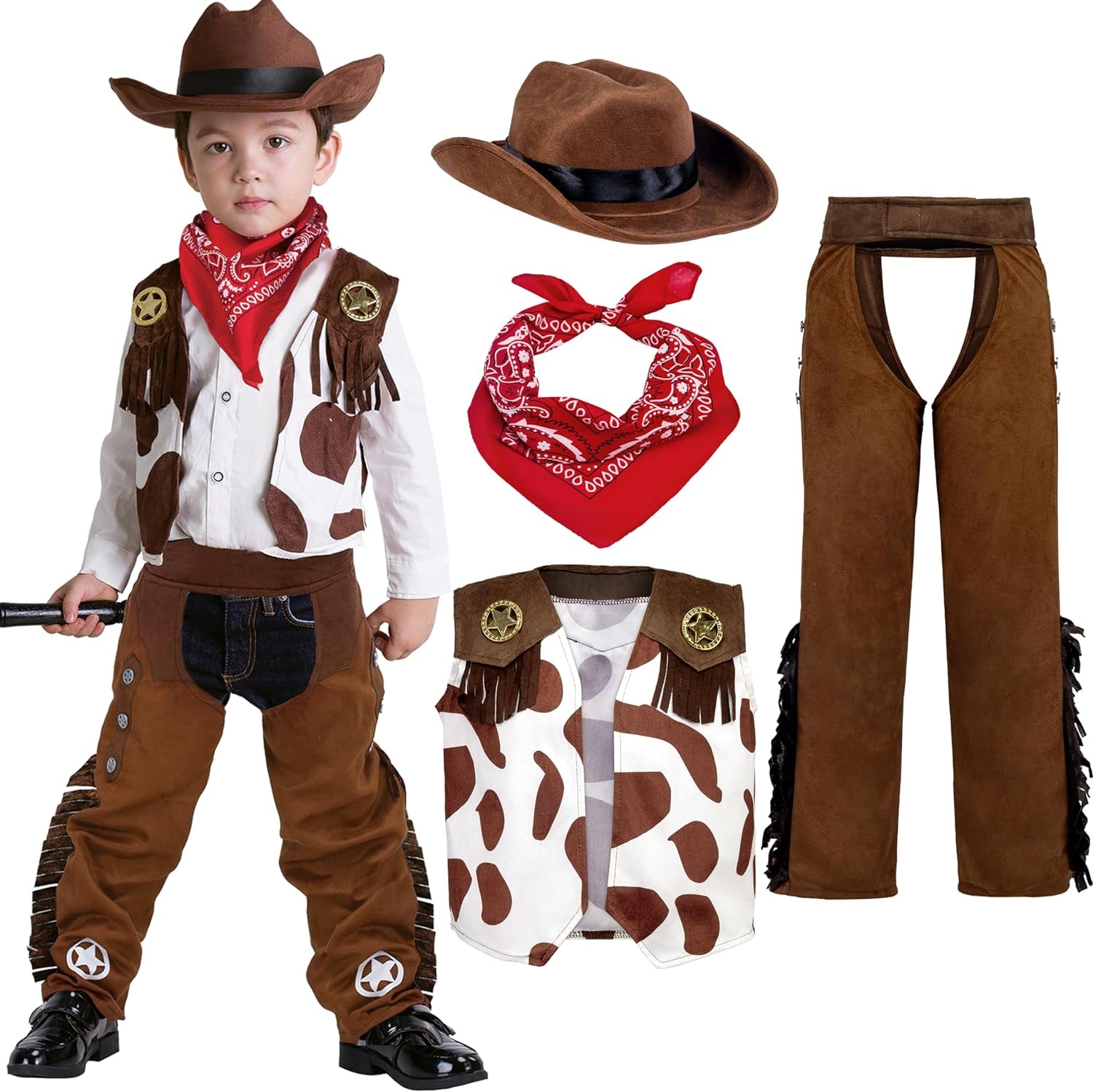 Halloween Cowboy Hat Costume for Boys, Kids White Brown Western Costume, Deluxe Cowboy Outfit Set for Toddler Halloween Roleplay Themed Party (3T, 3-4 Yrs)