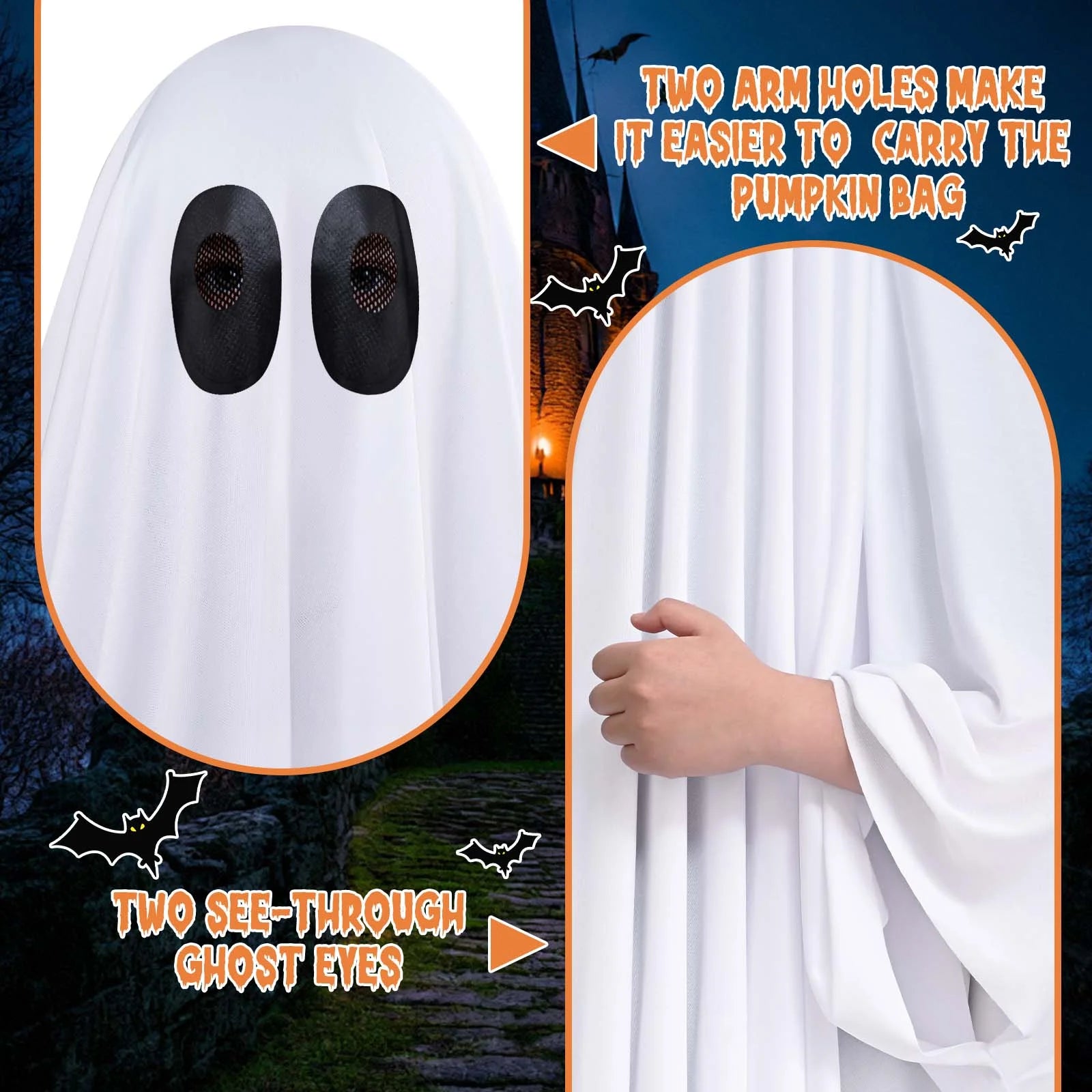 Ghost Costume for Kids with Pumpkin Bag, Spooky Halloween Costume for Boys Girls