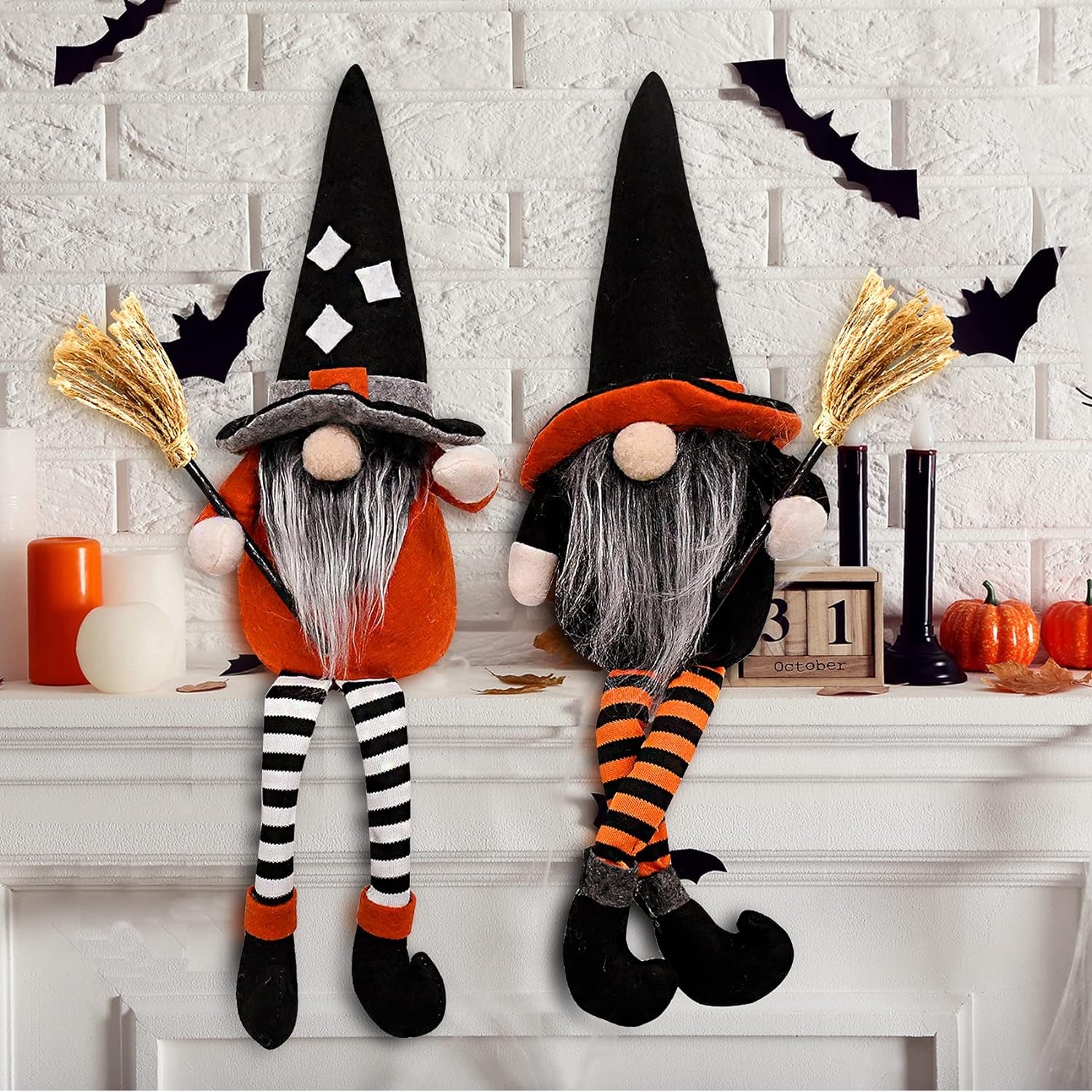 2PC Halloween Witch Gnomes Plush with Broom,Faceless Gnome Plush Long Legs Halloween Ornaments for Halloween Holiday Party Decor,Halloween Gnome Gifts