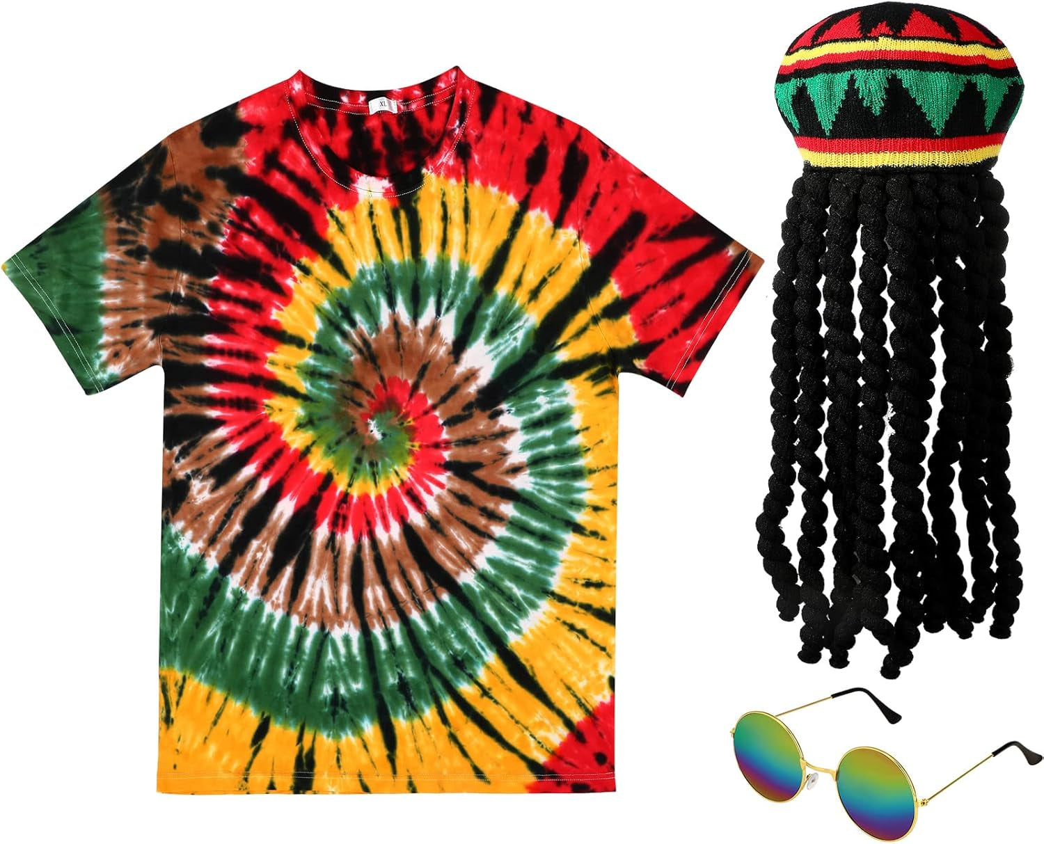Rasta Costumes Hat with Dreadlock Wig Tie Dye T Shirt for Men Women Sunglasses Reggae Accessories 3 Pcs