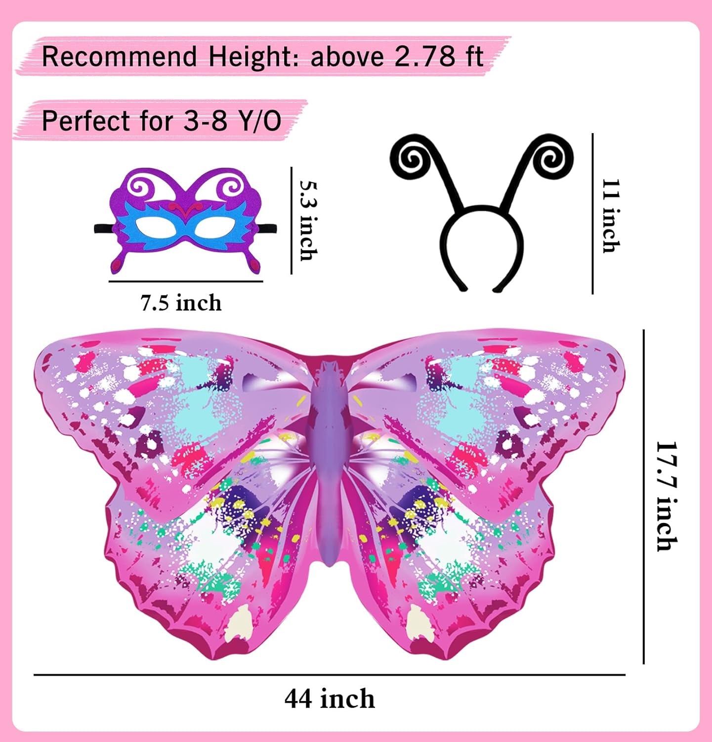 6 Pcs Kids Fairy Butterfly-Wings for Girls Halloween-Costumes with Antenna Headband Mask Party Favors