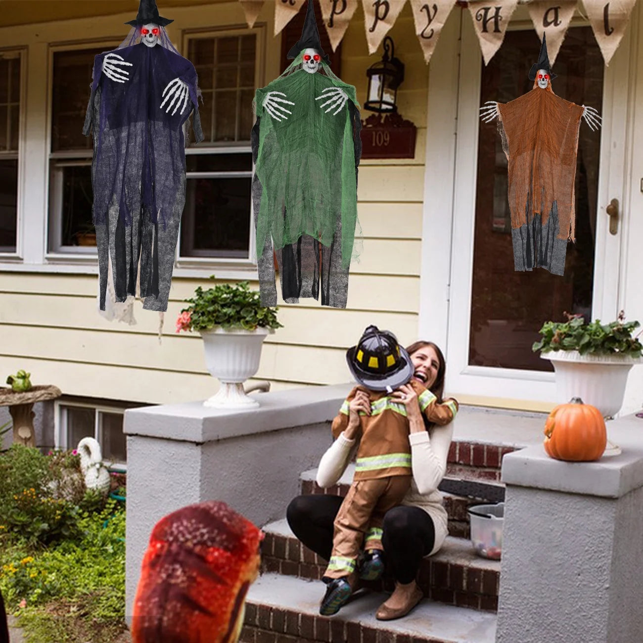 Halloween Hanging Grim Reapers 3 Pack 47" Hanging Skeleton Ghost Decorations Outdoor with Glowing Eyes for Halloween Haunted House Props Yard Outdoor Halloween Decorations