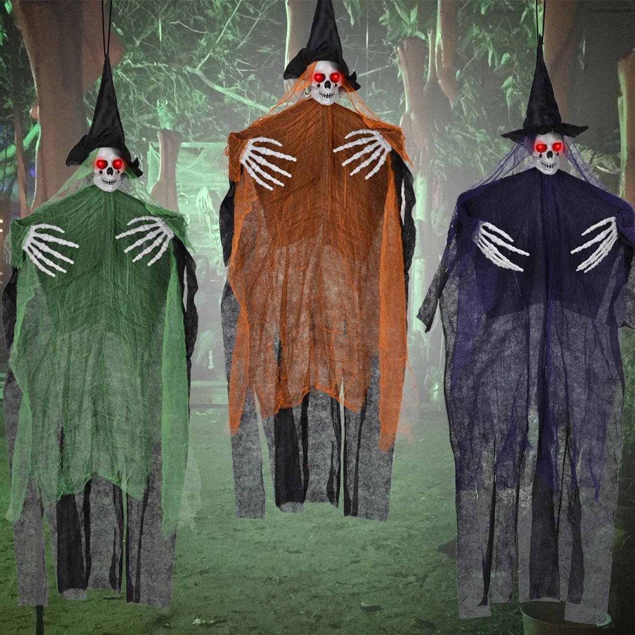 Halloween Hanging Grim Reapers 3 Pack 47" Hanging Skeleton Ghost Decorations Outdoor with Glowing Eyes for Halloween Haunted House Props Yard Outdoor Halloween Decorations