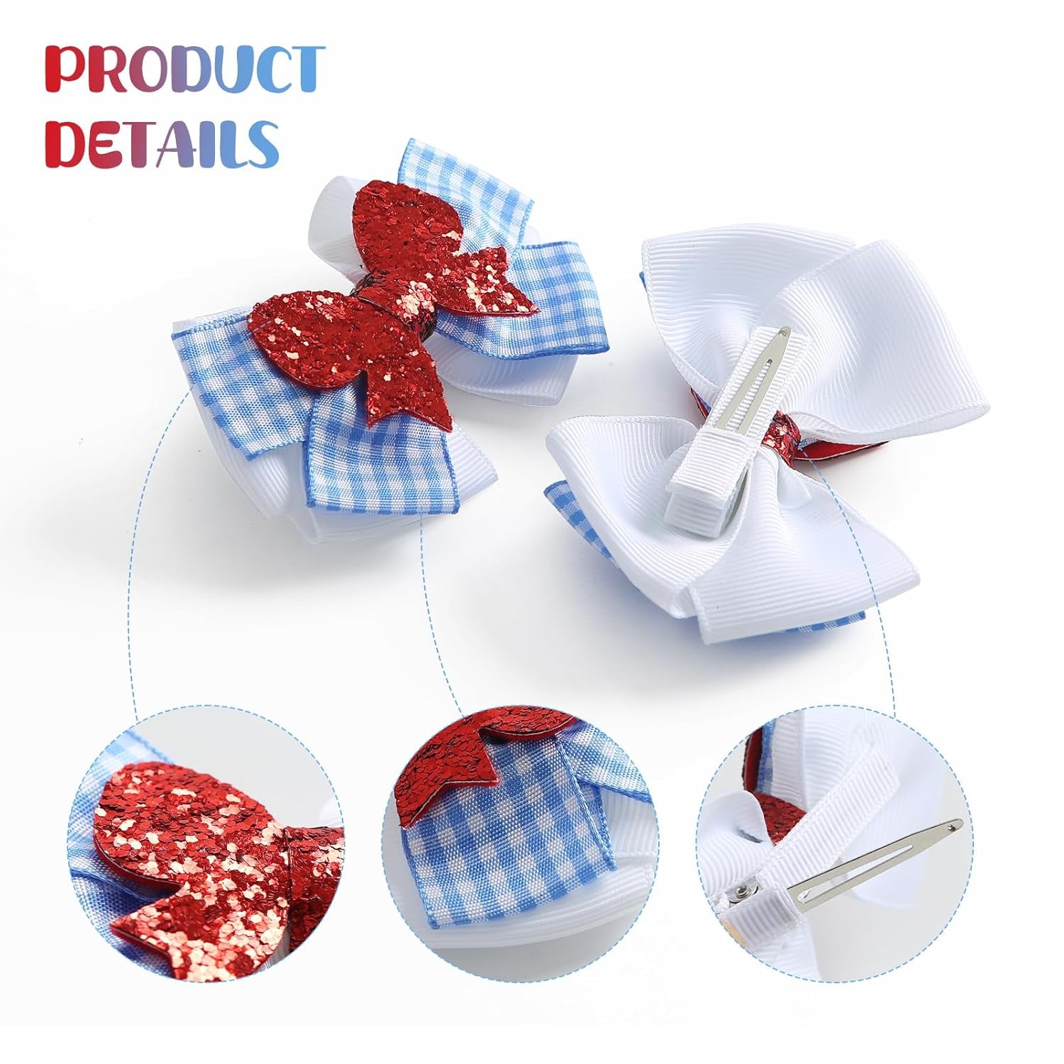 2PC Blue White Gingham Hair Bow Clips 3.5 Inch Checker Pigtail Bows Wizard Halloween Costume Accessories for Dorothy