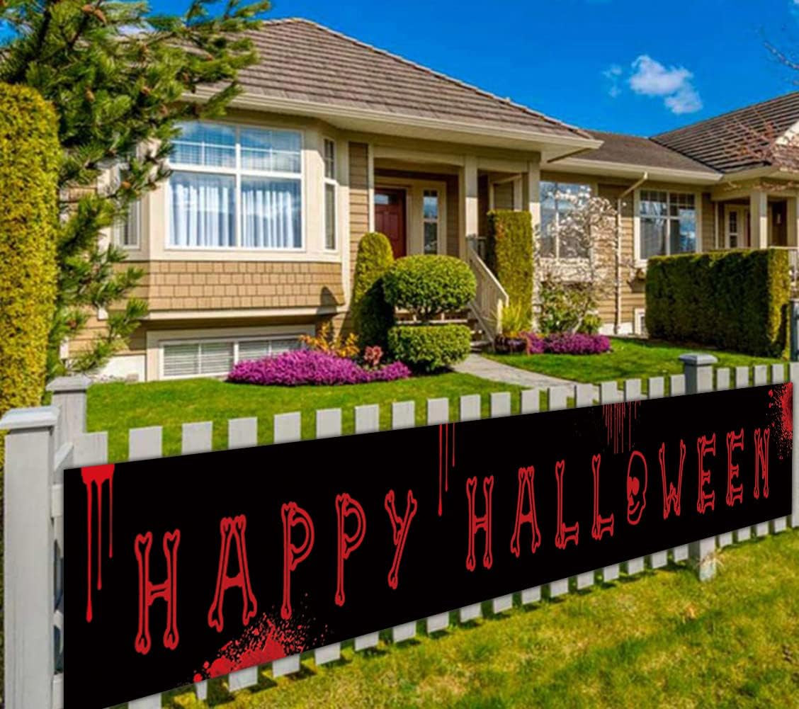 Large Happy Halloween Banner, Halloween Party Decoration Supplies Outdoor Indoor, Funny Terror Bloody Banner(9.8 X 1.6 Feet)