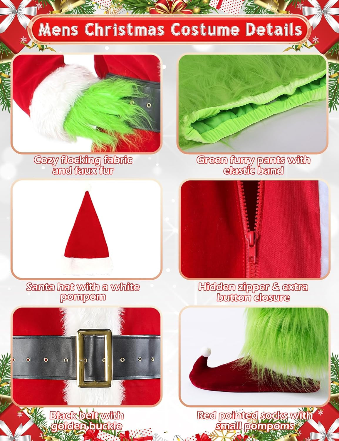 Christmas Costume for Men Santa Suit Adult 8PCS Deluxe Furry Green Giant Monster for Halloween Outfit Holiday Cosplay