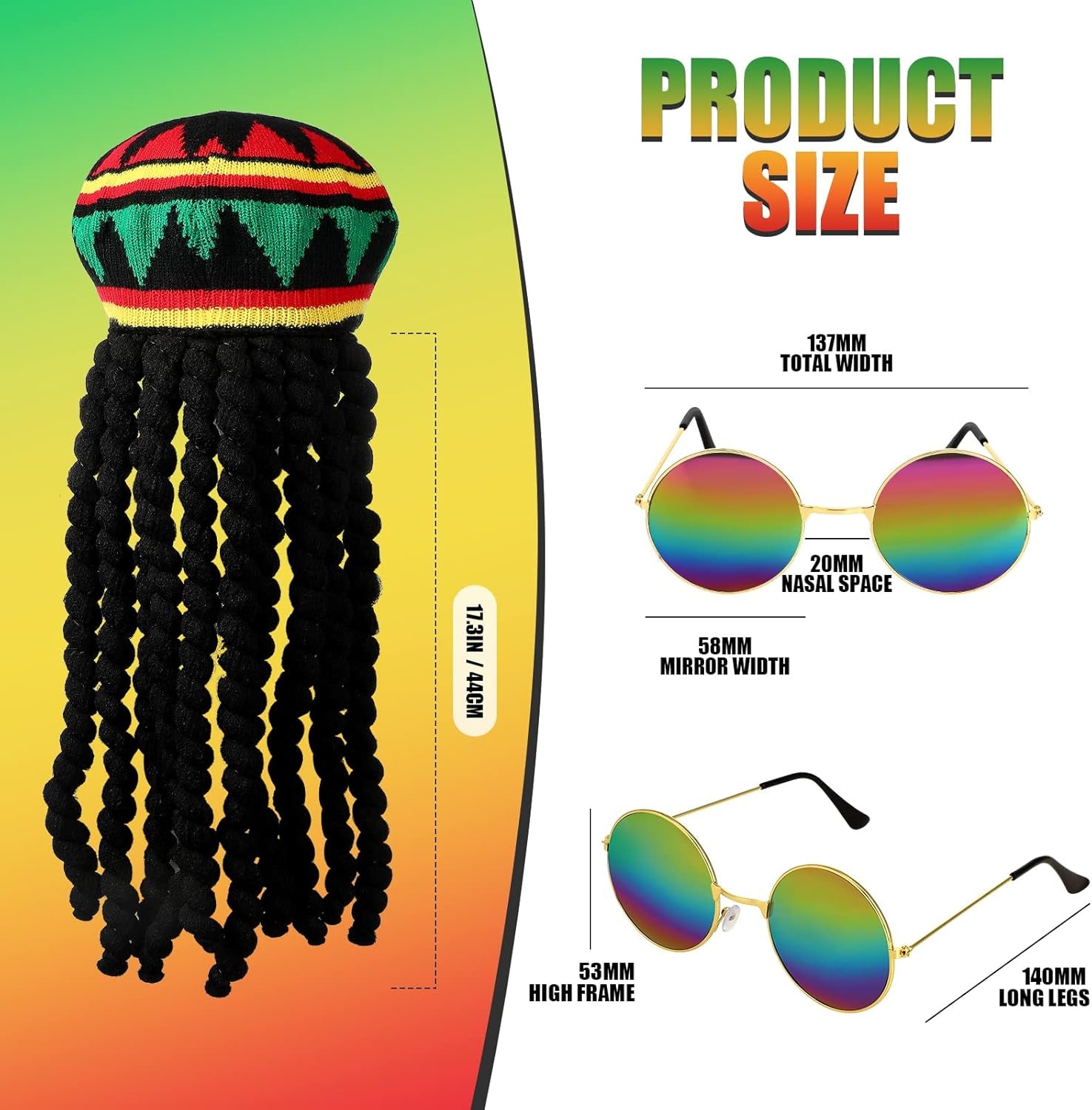 Rasta Costumes Hat with Dreadlock Wig Tie Dye T Shirt for Men Women Sunglasses Reggae Accessories 3 Pcs