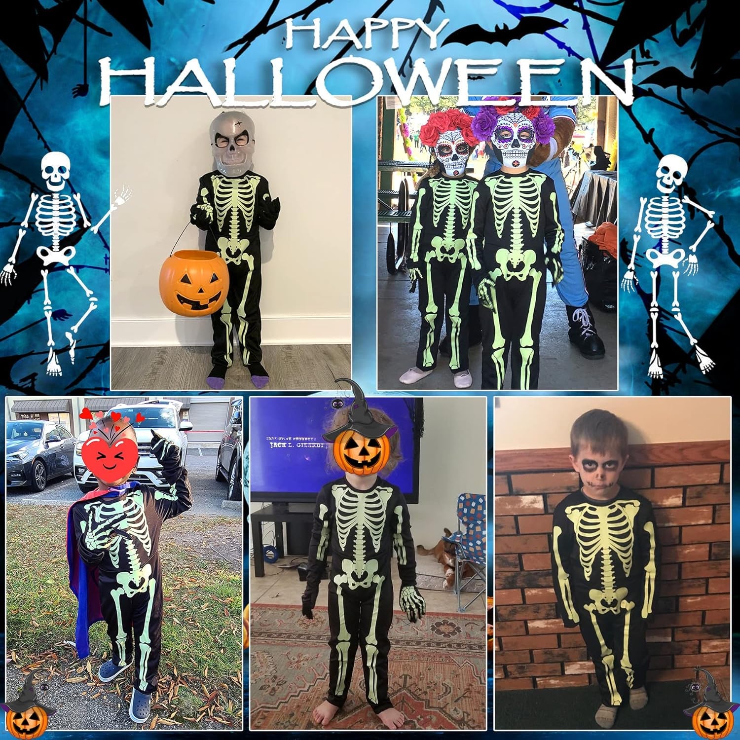 Kids Halloween Skeleton Costumes Glow in the Dark White Bones Stretch Body Suit for Boys Girls