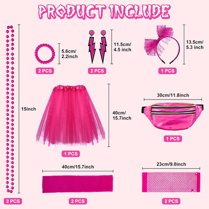 80S Costumes for Women, 80S Fancy Dress Costume Accessories Set, Headband Earrings Fishnet Gloves Necklace Bracelet for 80S Retro Party Ladies Girls Pink
