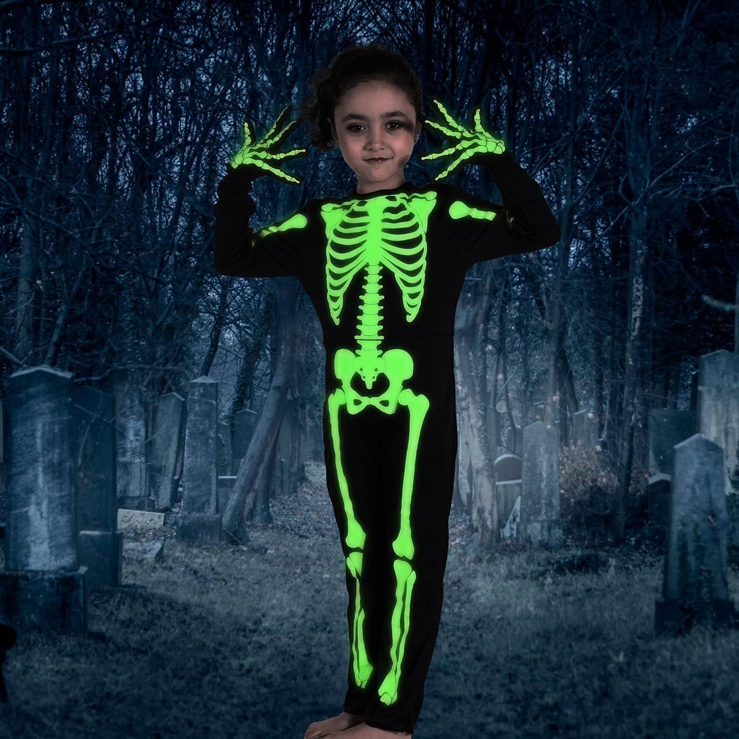 Kids Halloween Skeleton Costumes Glow in the Dark White Bones Stretch Body Suit for Boys Girls