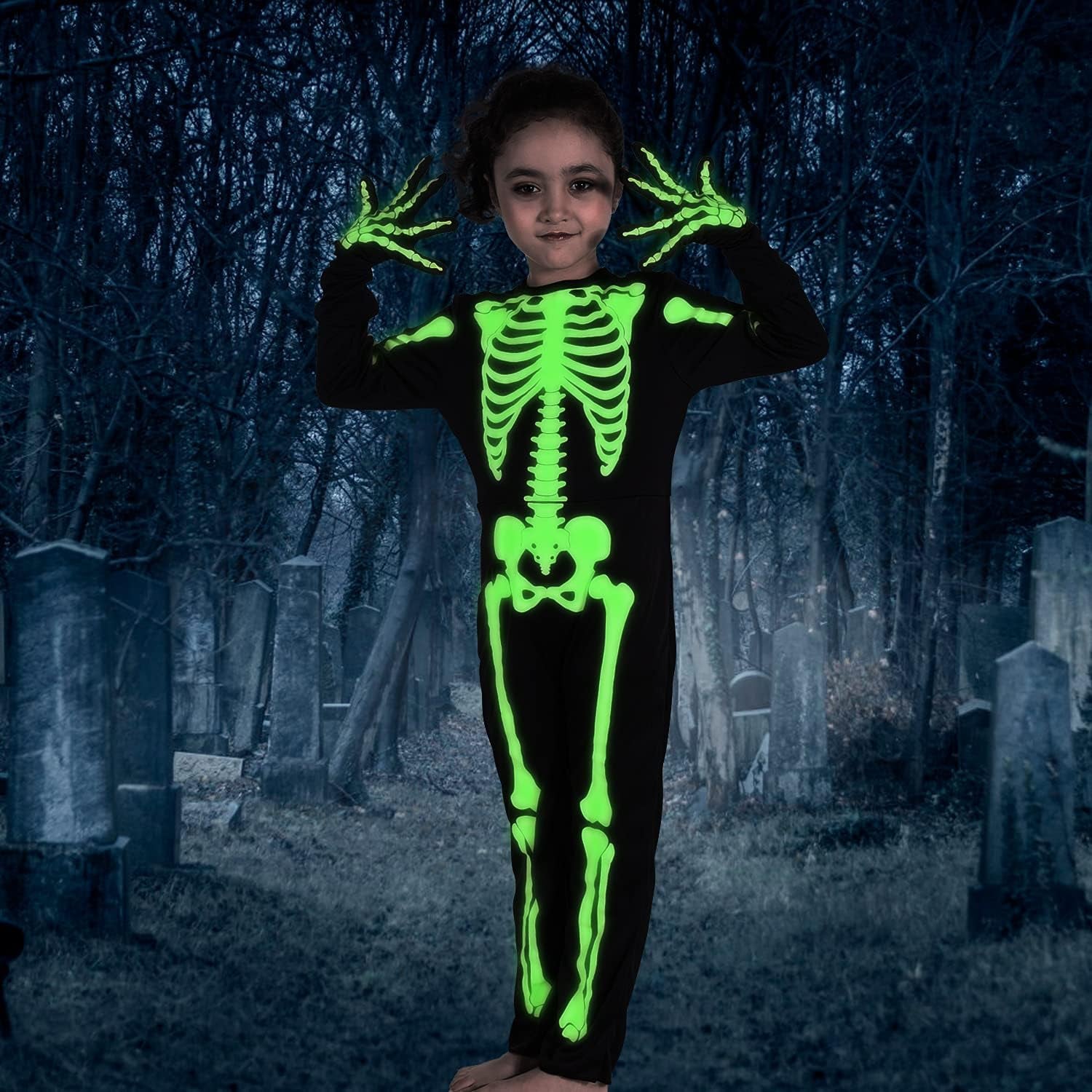 Kids Halloween Skeleton Costumes Glow in the Dark White Bones Stretch Body Suit for Boys Girls