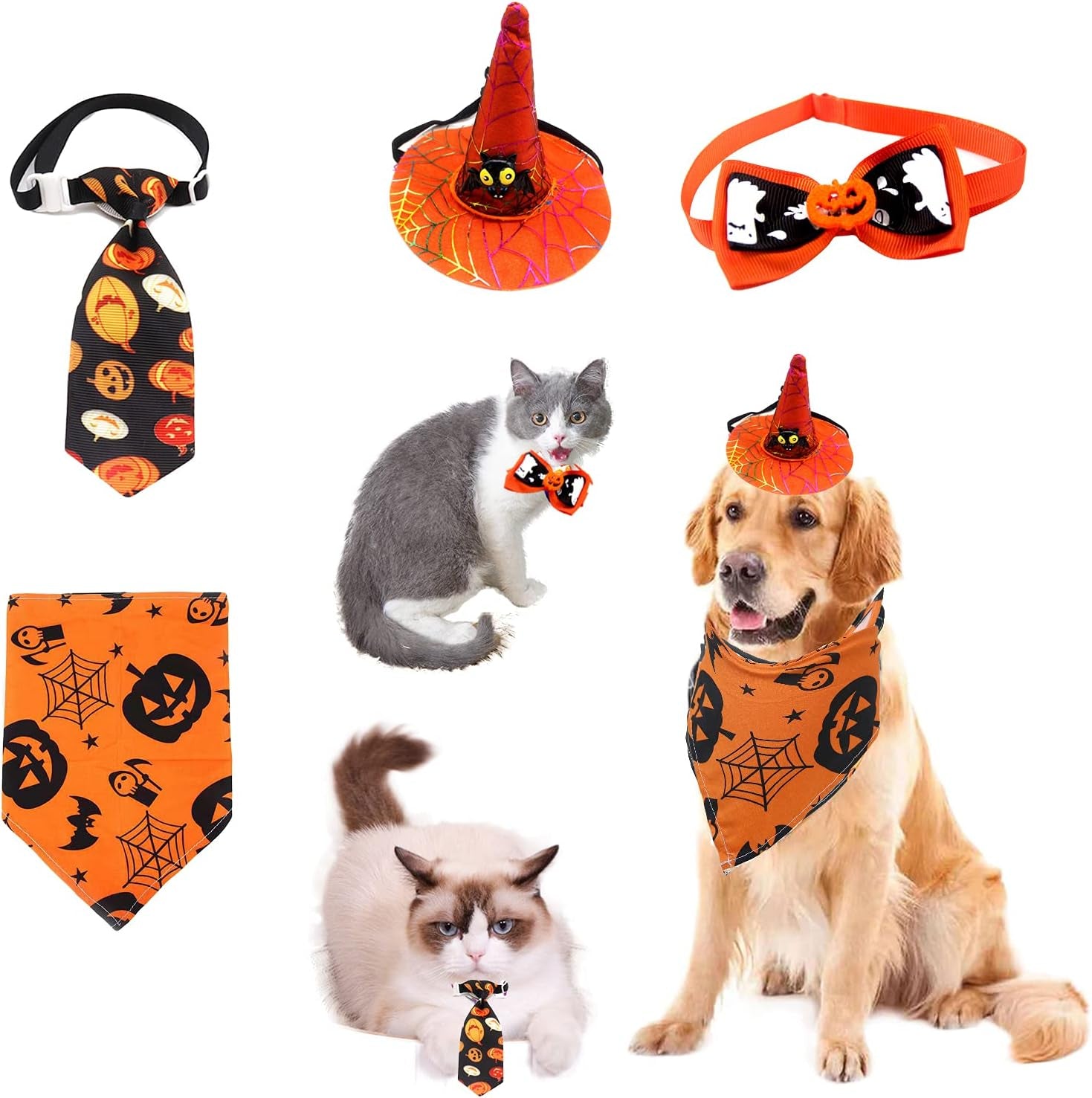 4PCS Halloween Dog Bandana Halloween Charms Ties Halloween Hat Full of Halloween Atmosphere Patterns, Fit for Cats and Dogs (Orange)
