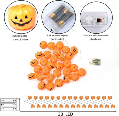 Halloween Pumpkin String Lights with Pumpkin Candy Bucket, 30 LED 16.4Ft, 8 Modes Timer Waterproof Orange Jack-O-Lantern, Outdoor and Indoor Halloween Decorations