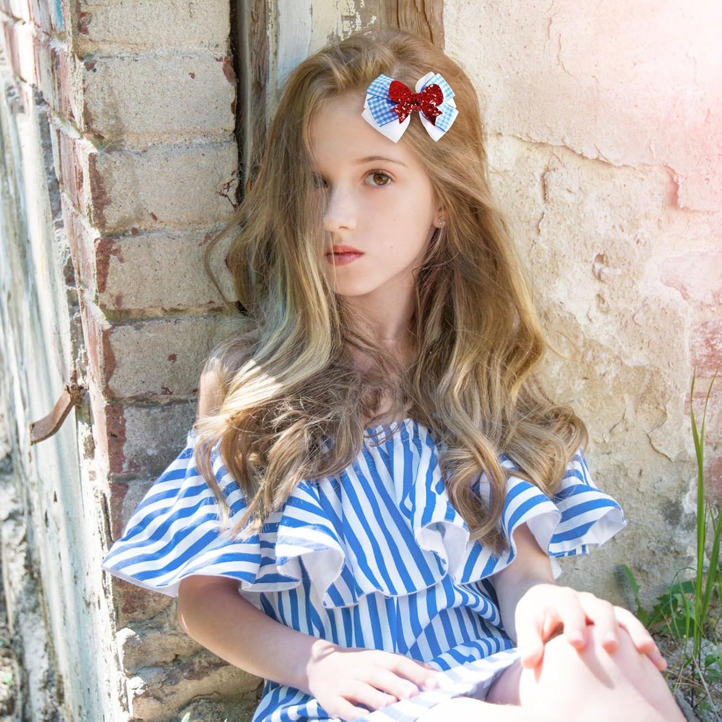 2PC Blue White Gingham Hair Bow Clips 3.5 Inch Checker Pigtail Bows Wizard Halloween Costume Accessories for Dorothy