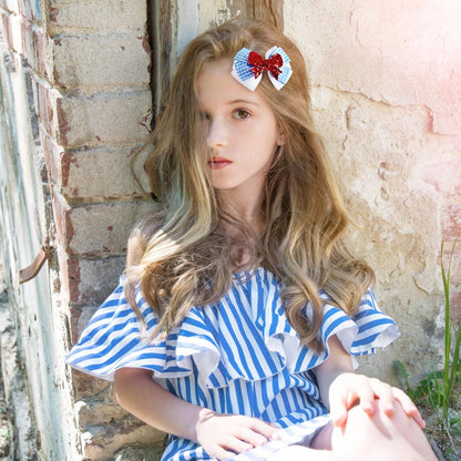 2PC Blue White Gingham Hair Bow Clips 3.5 Inch Checker Pigtail Bows Wizard Halloween Costume Accessories for Dorothy