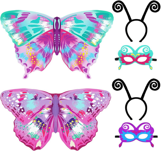 6 Pcs Kids Fairy Butterfly-Wings for Girls Halloween-Costumes with Antenna Headband Mask Party Favors