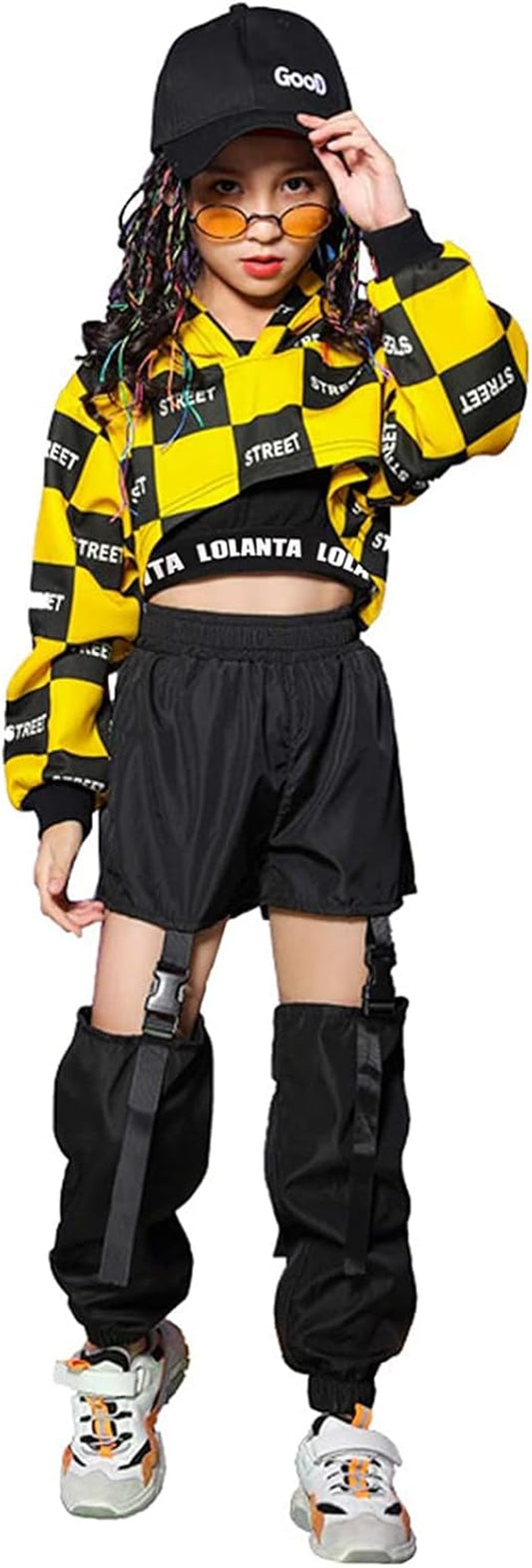 Girls Street Dance Costume Hip Hop Checkered Hoodie Sweatshirt Joggers Pants Outfits