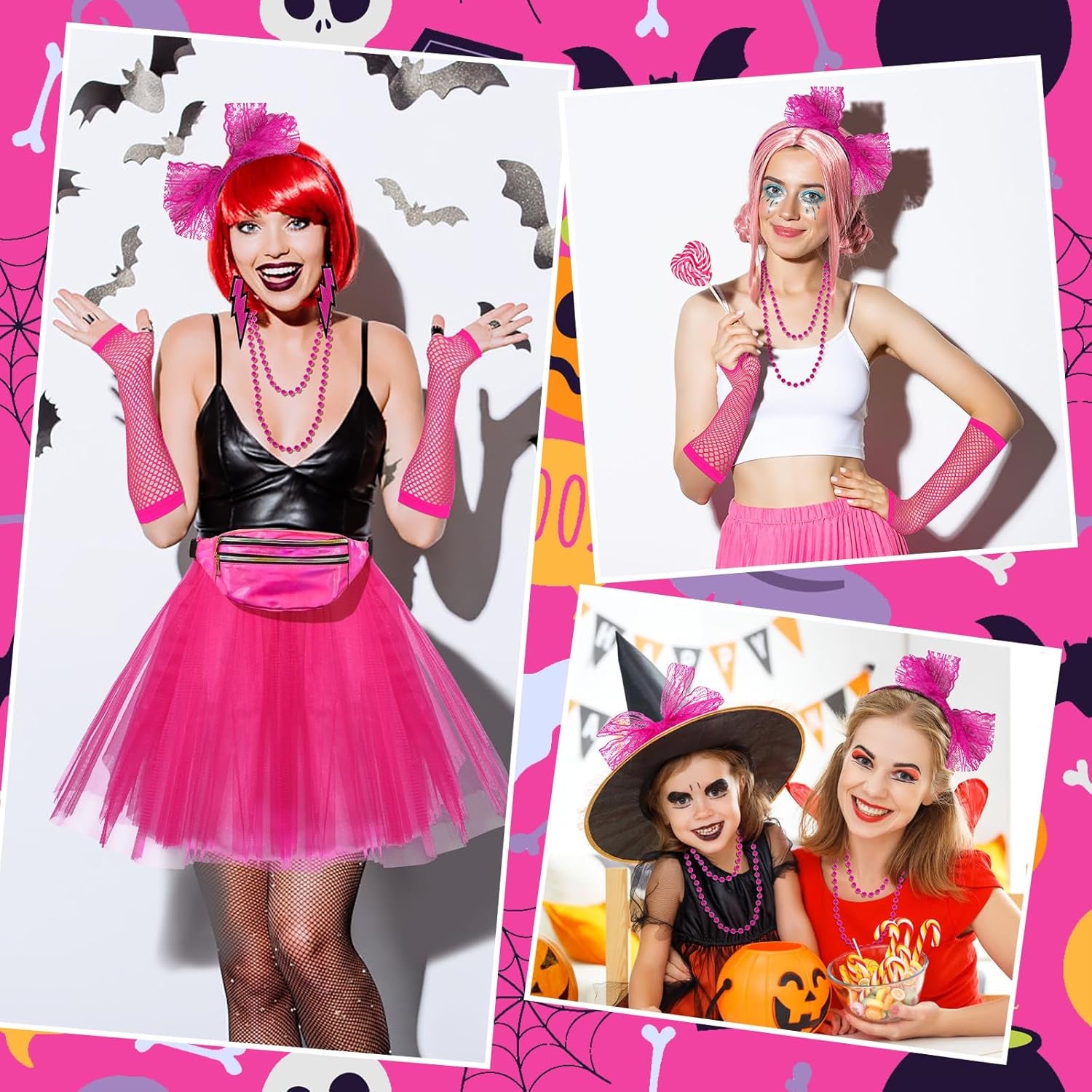 80S Costumes for Women, 80S Fancy Dress Costume Accessories Set, Headband Earrings Fishnet Gloves Necklace Bracelet for 80S Retro Party Ladies Girls Pink