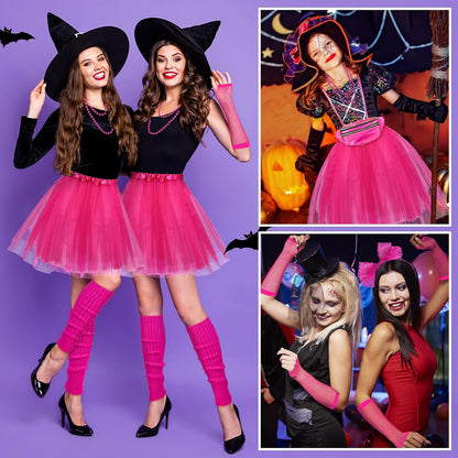 80S Costumes for Women, 80S Fancy Dress Costume Accessories Set, Headband Earrings Fishnet Gloves Necklace Bracelet for 80S Retro Party Ladies Girls Pink