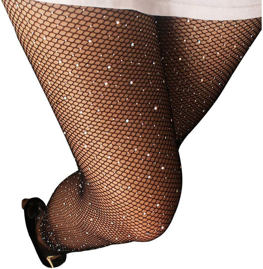 Sexy Jeweled Sparkly Diamond Fishnet Stockings High Waist Tights Shiny Rhinestone Sheer Pantyhose with Bling Crystals