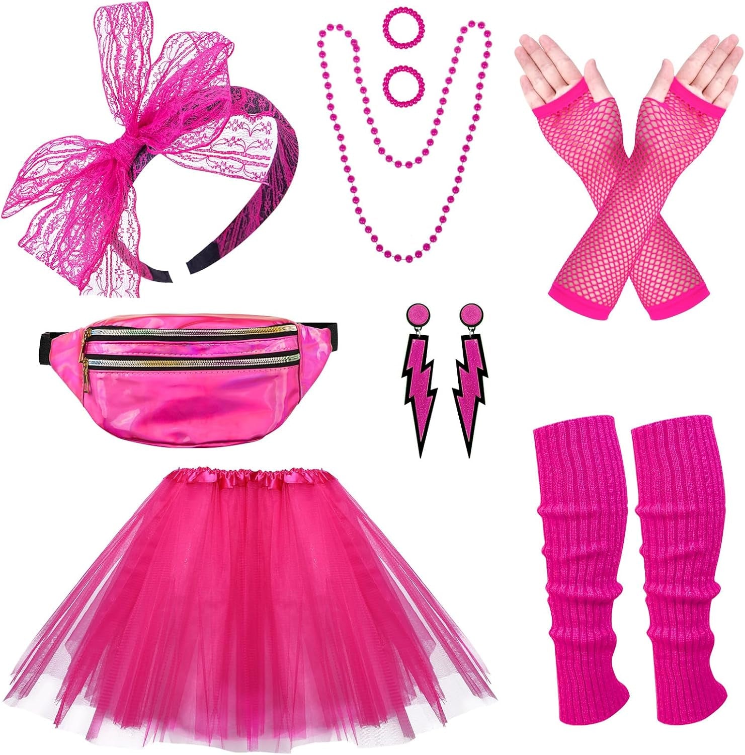 80S Costumes for Women, 80S Fancy Dress Costume Accessories Set, Headband Earrings Fishnet Gloves Necklace Bracelet for 80S Retro Party Ladies Girls Pink