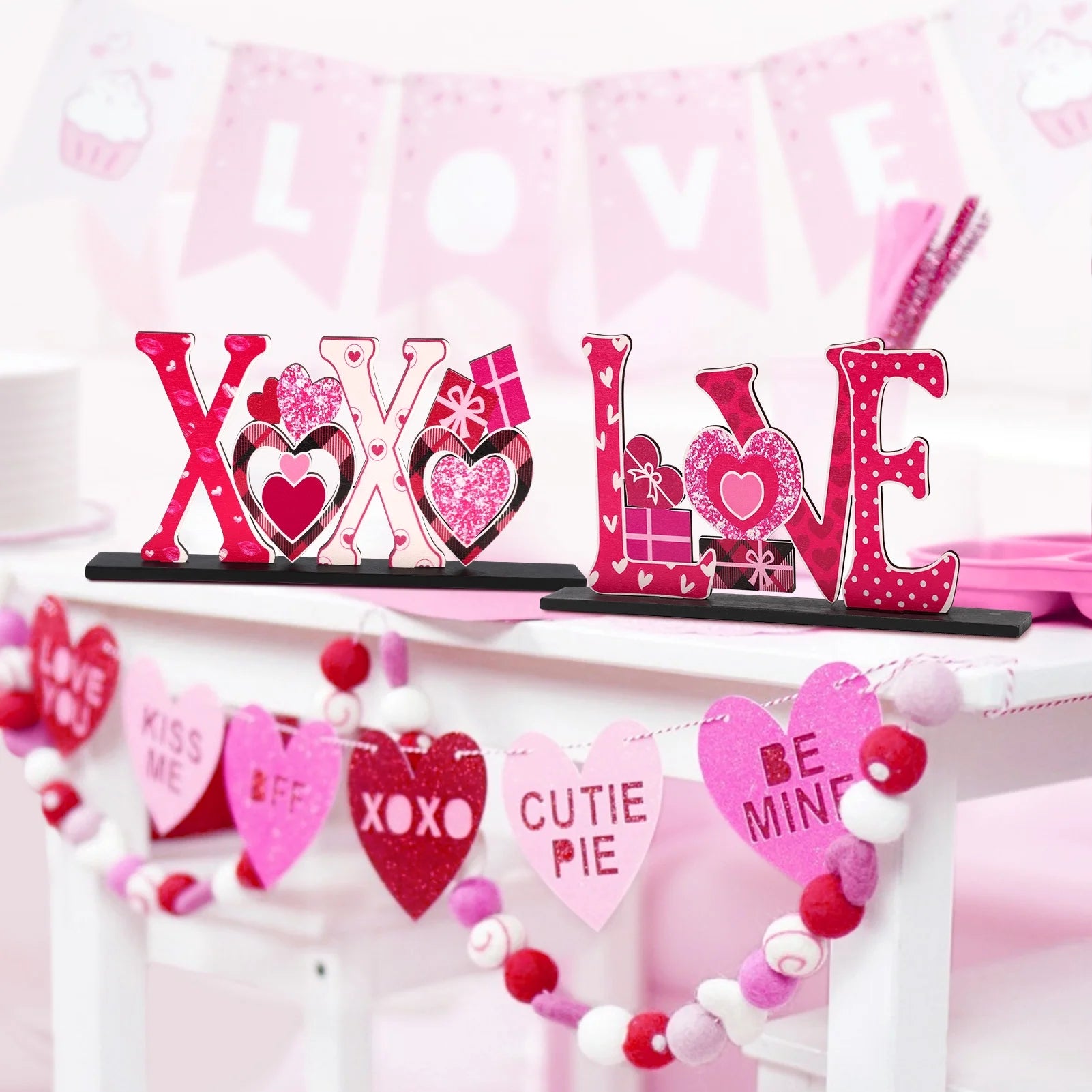 4 Pcs Valentine'S Day Decorations Love Wooden Table Sign, Romantic Tabletop Centerpiece Signs Ornaments for Gift Dining Room Table Wedding Anniversary Party Supplies Décor Tray Decor