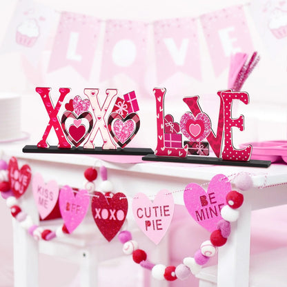 4 Pcs Valentine'S Day Decorations Love Wooden Table Sign, Romantic Tabletop Centerpiece Signs Ornaments for Gift Dining Room Table Wedding Anniversary Party Supplies Décor Tray Decor