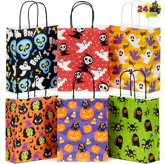 24 Pcs Halloween Goodie Bags with Handles, Paper Trick or Treating Gift Bag Bulk in 6 Designs for Halloween Treat Party Favor , Halloween Colored Candy Bags for Party Supplies