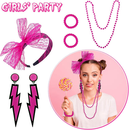 80S Costumes for Women, 80S Fancy Dress Costume Accessories Set, Headband Earrings Fishnet Gloves Necklace Bracelet for 80S Retro Party Ladies Girls Pink