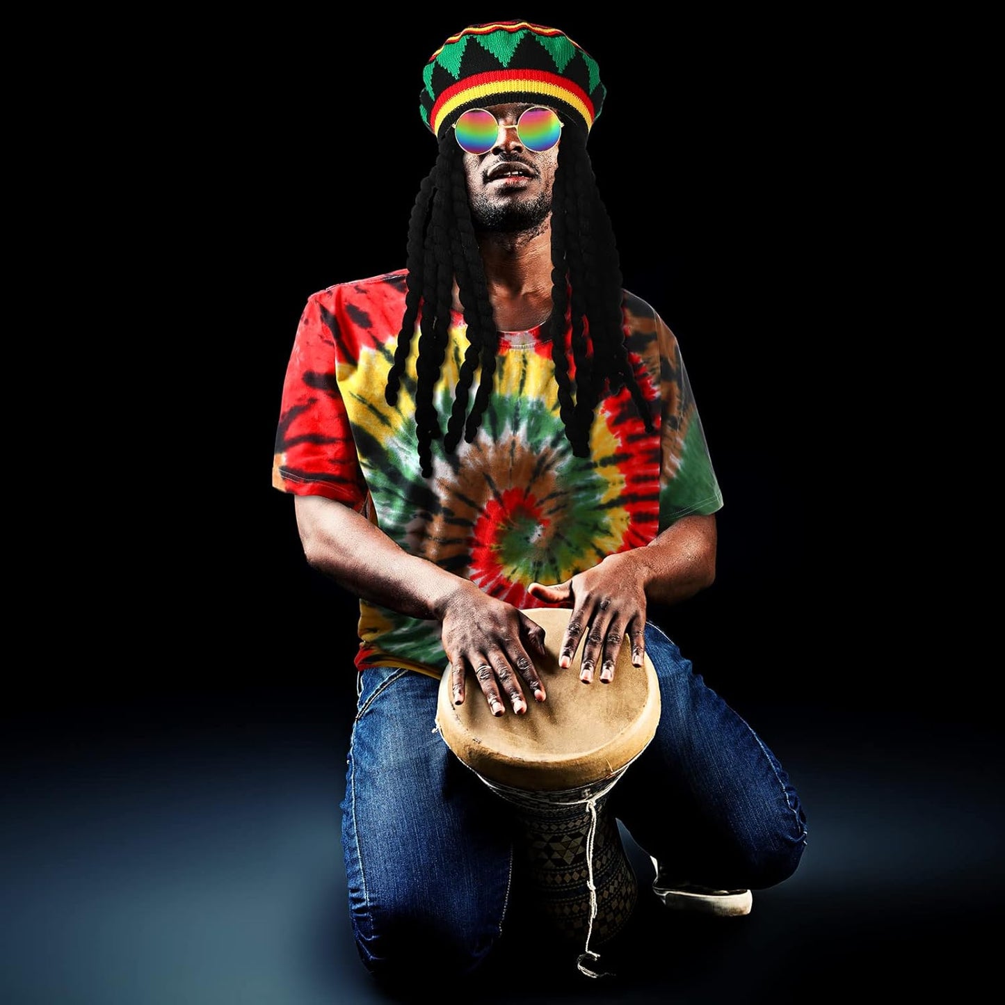 Rasta Costumes Hat with Dreadlock Wig Tie Dye T Shirt for Men Women Sunglasses Reggae Accessories 3 Pcs