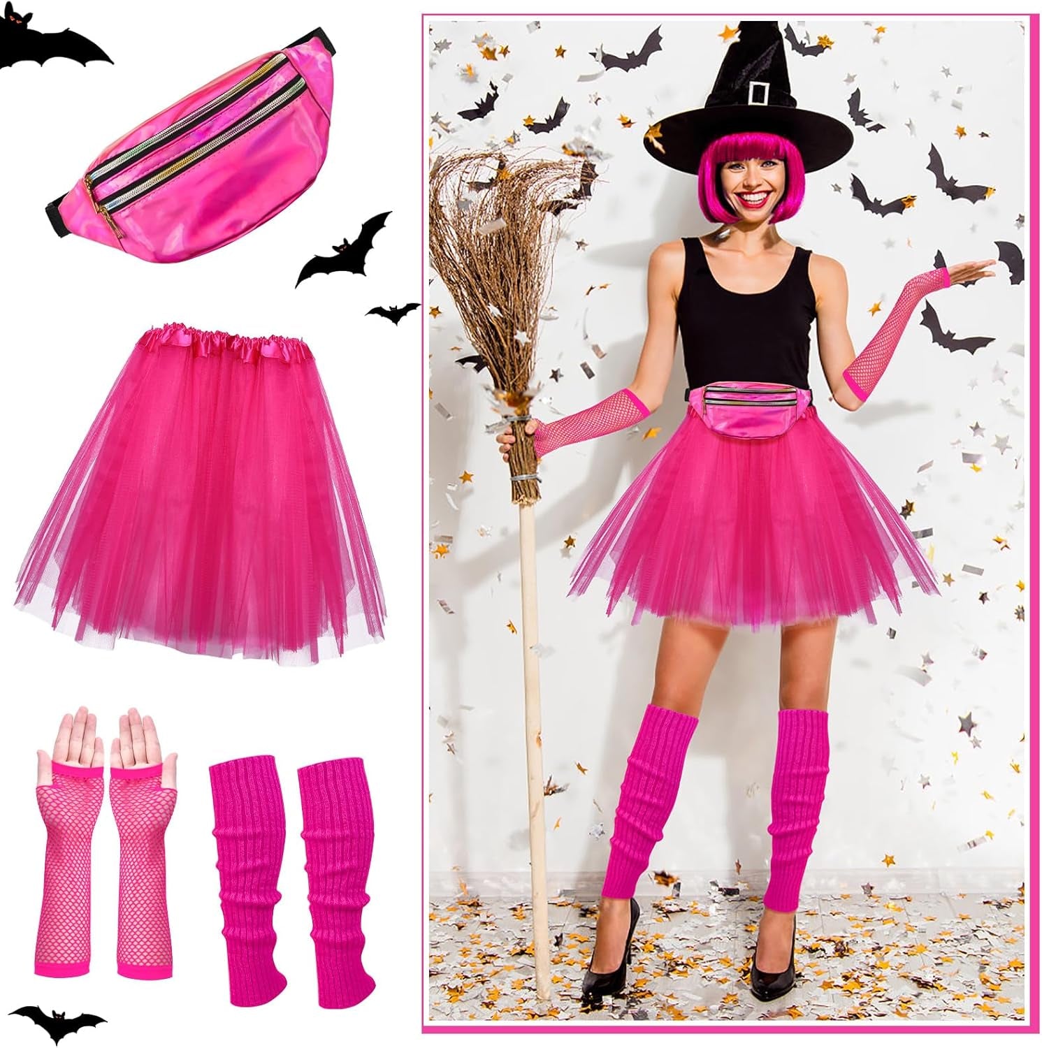 80S Costumes for Women, 80S Fancy Dress Costume Accessories Set, Headband Earrings Fishnet Gloves Necklace Bracelet for 80S Retro Party Ladies Girls Pink