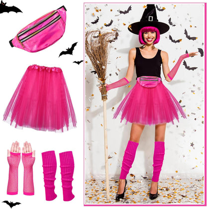 80S Costumes for Women, 80S Fancy Dress Costume Accessories Set, Headband Earrings Fishnet Gloves Necklace Bracelet for 80S Retro Party Ladies Girls Pink