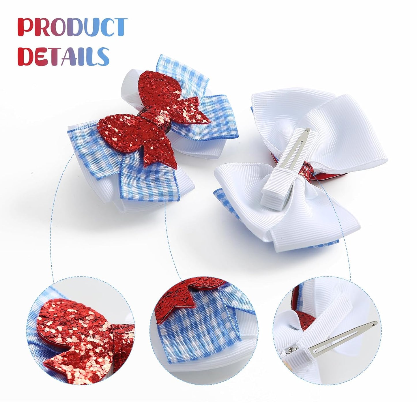 2PC Blue White Gingham Hair Bow Clips 3.5 Inch Checker Pigtail Bows Wizard Halloween Costume Accessories for Dorothy
