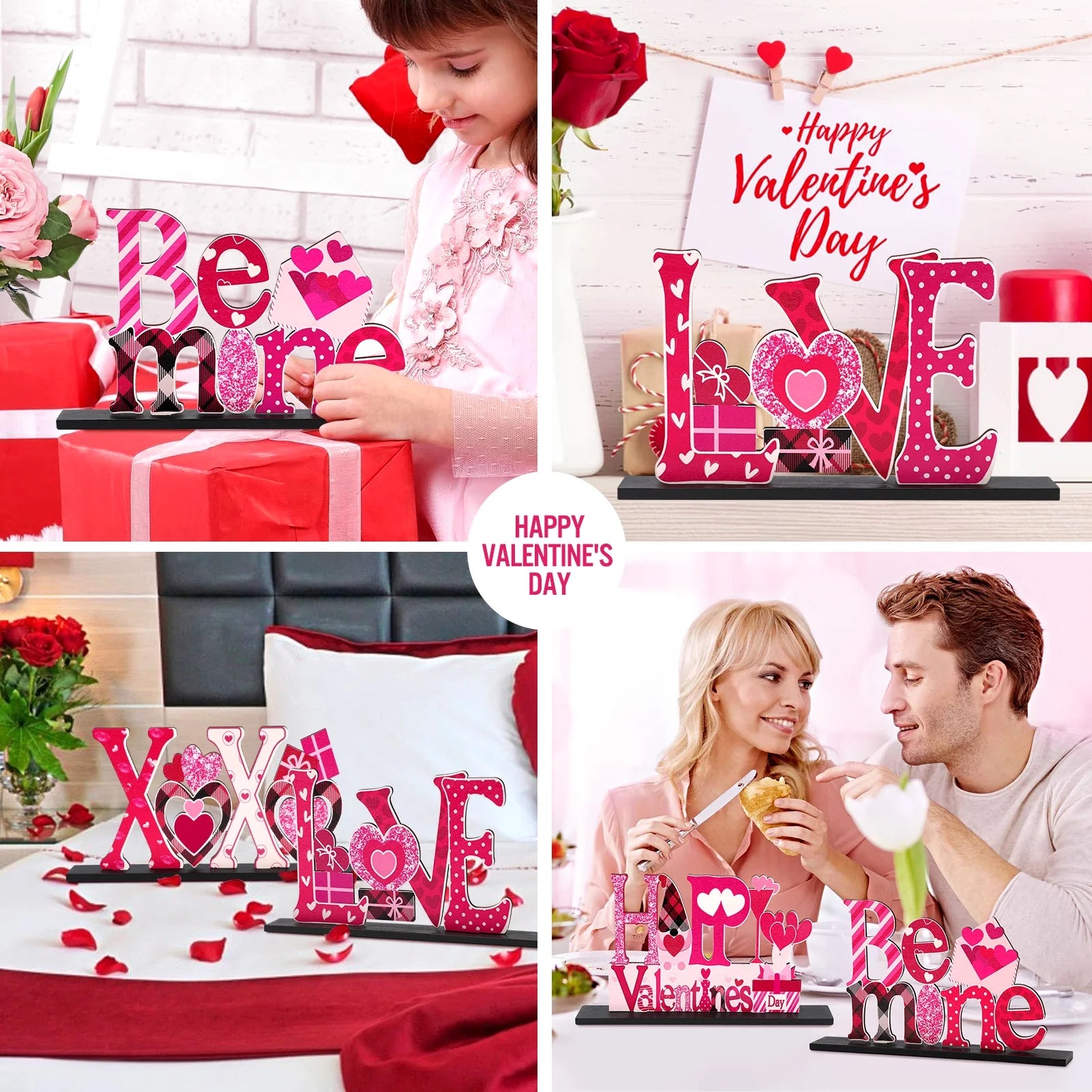 4 Pcs Valentine'S Day Decorations Love Wooden Table Sign, Romantic Tabletop Centerpiece Signs Ornaments for Gift Dining Room Table Wedding Anniversary Party Supplies Décor Tray Decor