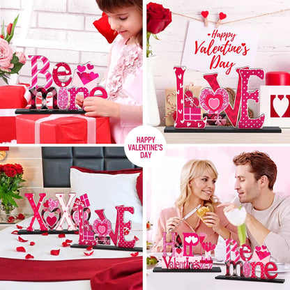 4 Pcs Valentine'S Day Decorations Love Wooden Table Sign, Romantic Tabletop Centerpiece Signs Ornaments for Gift Dining Room Table Wedding Anniversary Party Supplies Décor Tray Decor