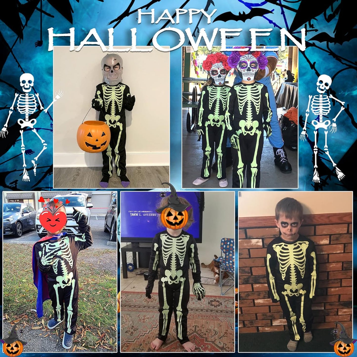 Kids Halloween Skeleton Costumes Glow in the Dark White Bones Stretch Body Suit for Boys Girls